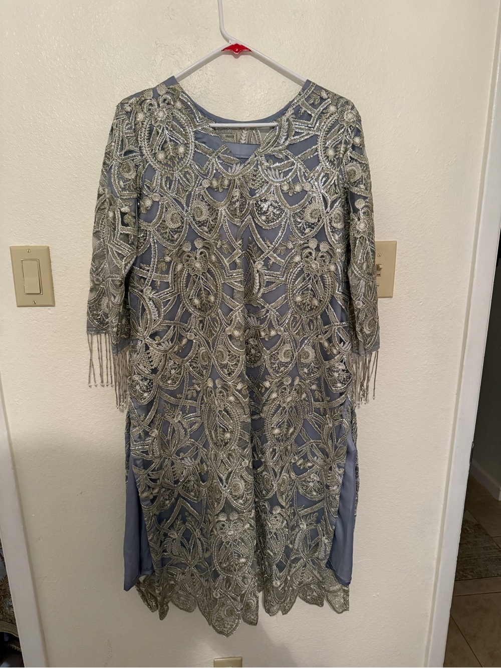 3 Pieces: Pakistani Embellished Silver Lace Overlay Dress in Dusty Blue